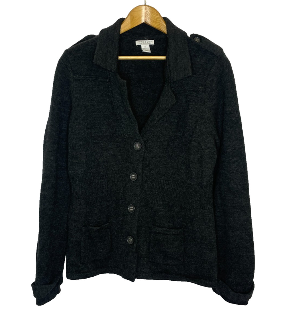 Women's XL Tweeds 100% Merino Wool Button Front Shawl Collar Cardigan Gray
